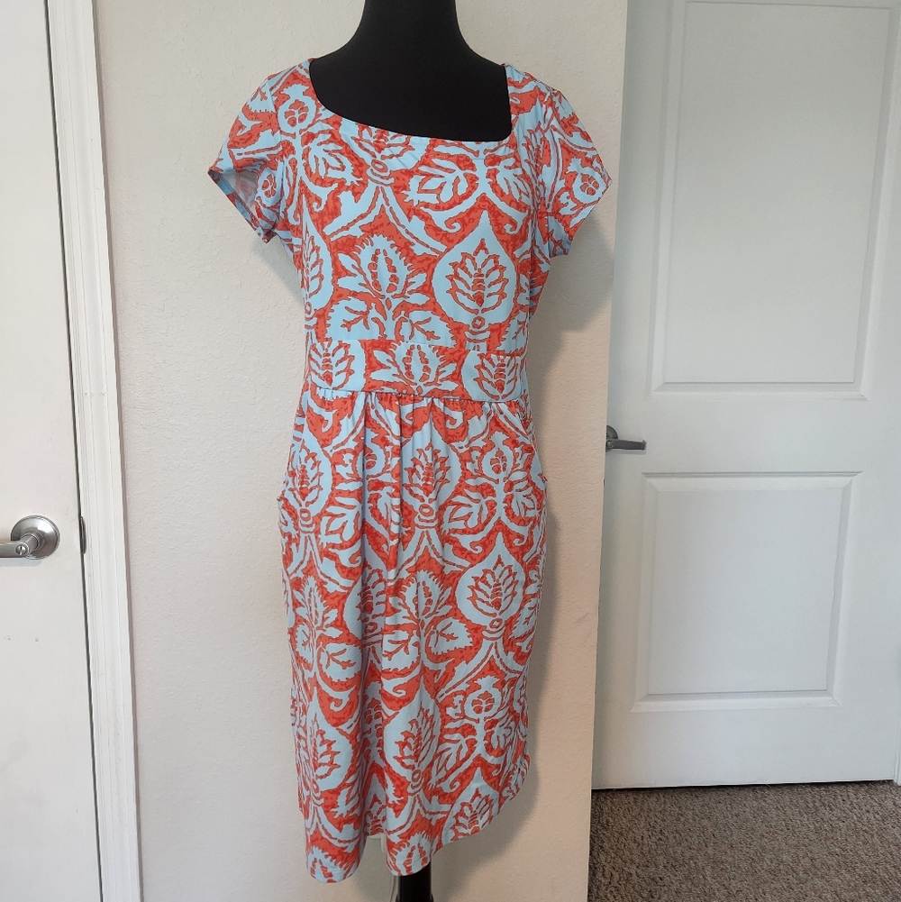 Vibrant Orange and Blue Leaf Print Midi Dress